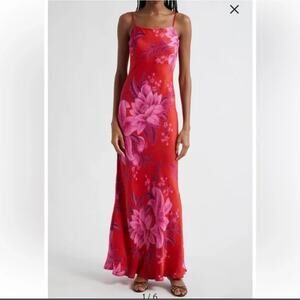 Farm Rio Summer Fruit Satin Maxi Slip Dress Size Medium